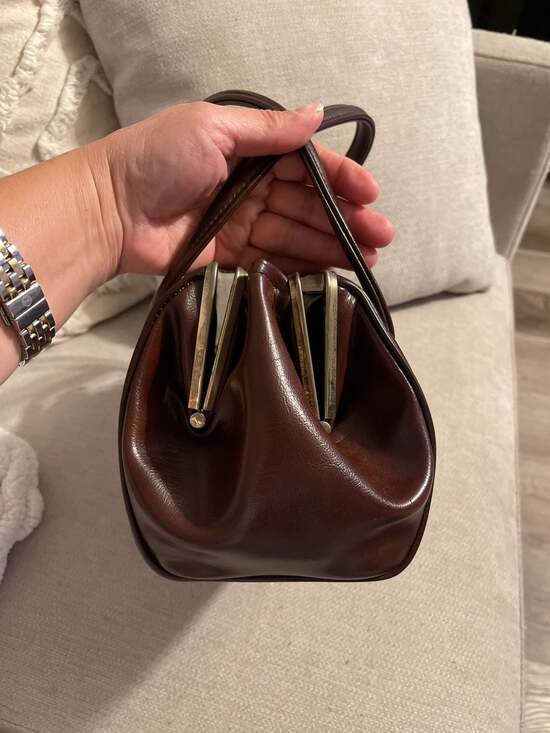 Vintage 1950s Ackery Brown Leather Triple Compartment Frame Handbag - Picture 3 of 9